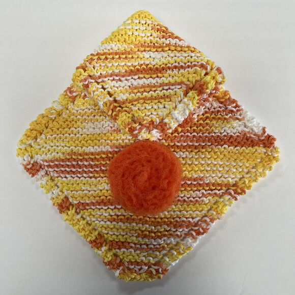Hand Knit Dish Cloth Set of 2 Plus Scrubbie 100% Cotton Multicolor Orange Yellow - Picture 2 of 6